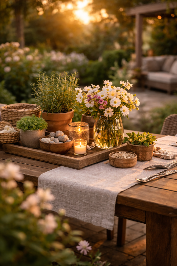 Platz 1 Gartentisch Deko mit Naturmaterialien