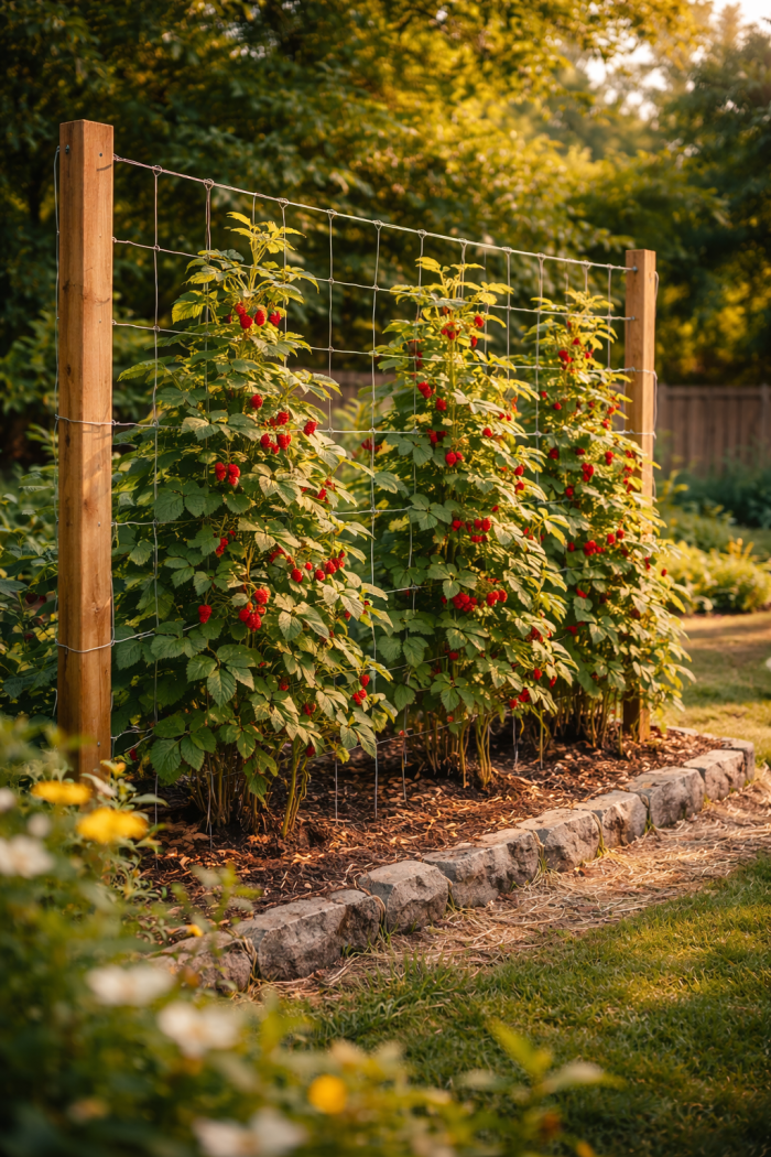 Platz 1 Klassisches Drahtspalier als Rankhilfe Himbeeren