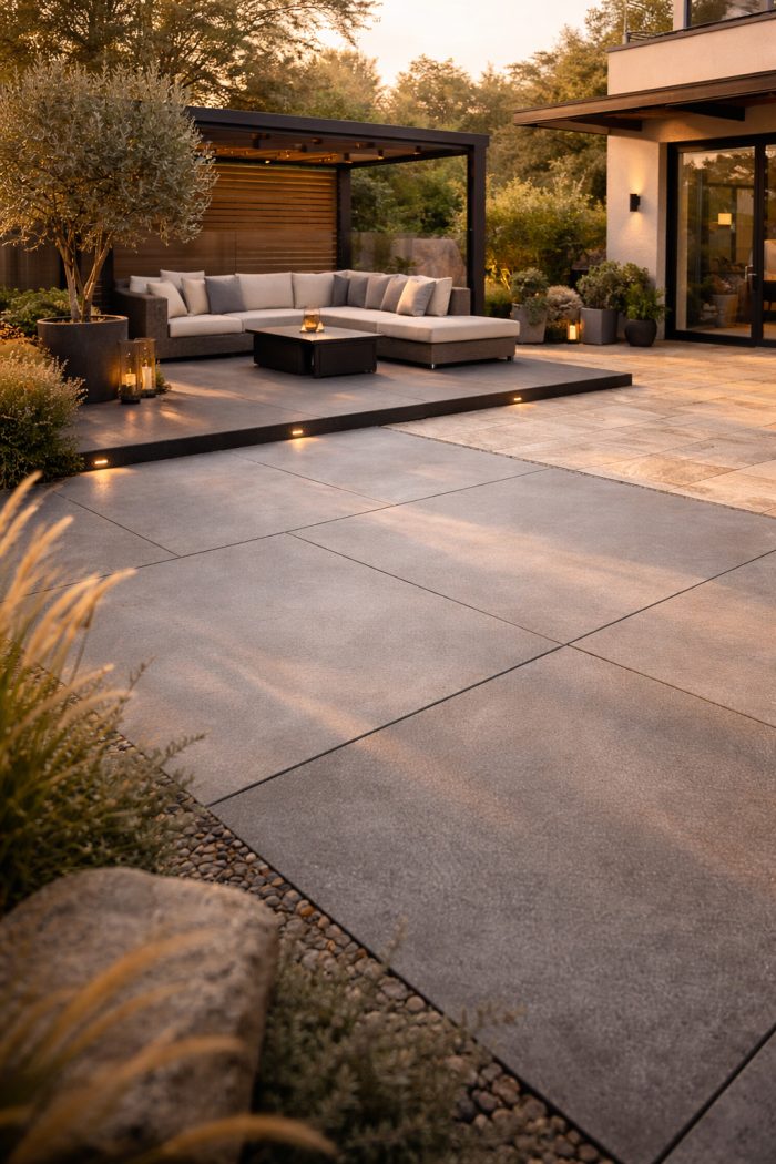 Platz 1 Moderne terrassenplatten ideen mit großformatigen Betonplatten