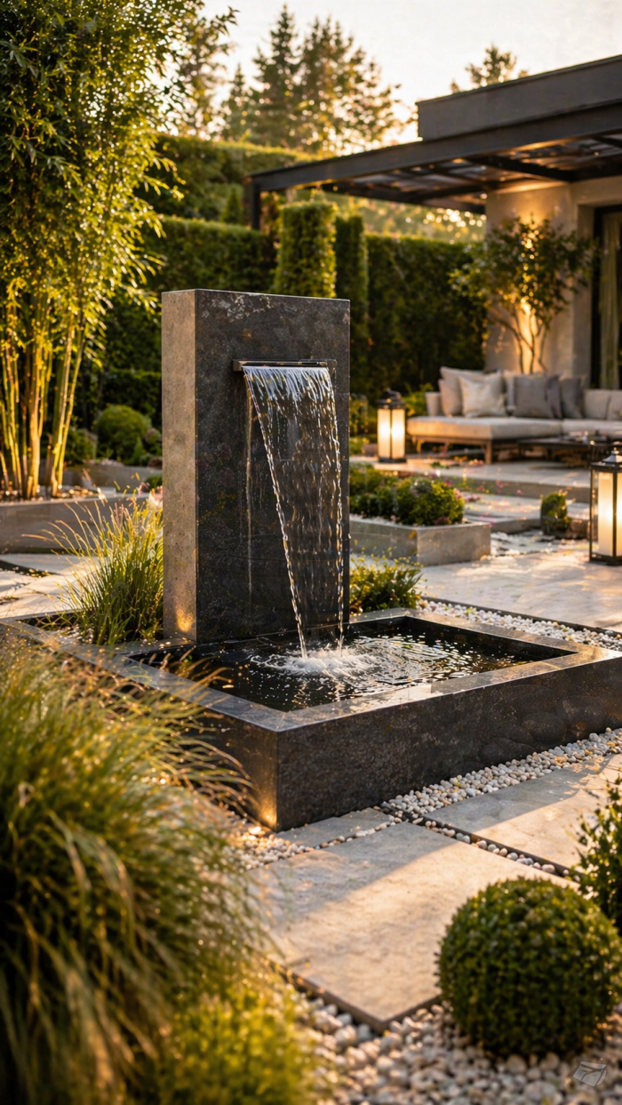 Platz 1 Moderner solarbrunnen garten mit klaren Linien