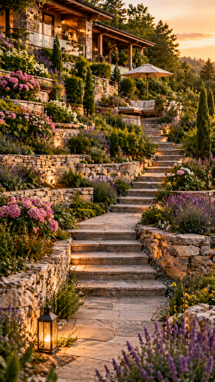 Platz 1 Terrassierte hang gartengestaltung mit Naturstein