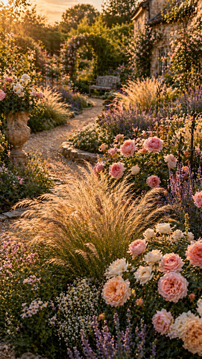 Platz 2 Federgras kombinieren mit Rosen und romantischen Stauden