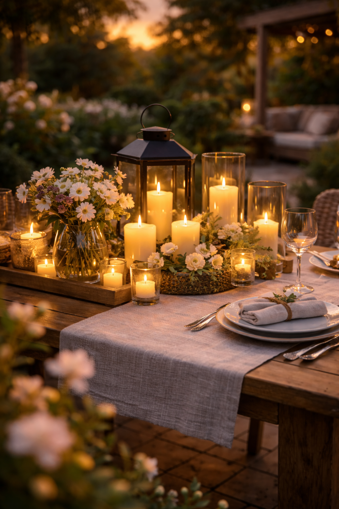 Platz 2 Gartentisch Deko mit Lichtern und Kerzen