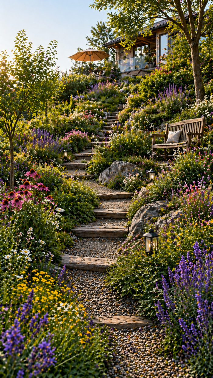 Platz 2 Naturnahe hang gartengestaltung mit Wegen und Wildpflanzen 