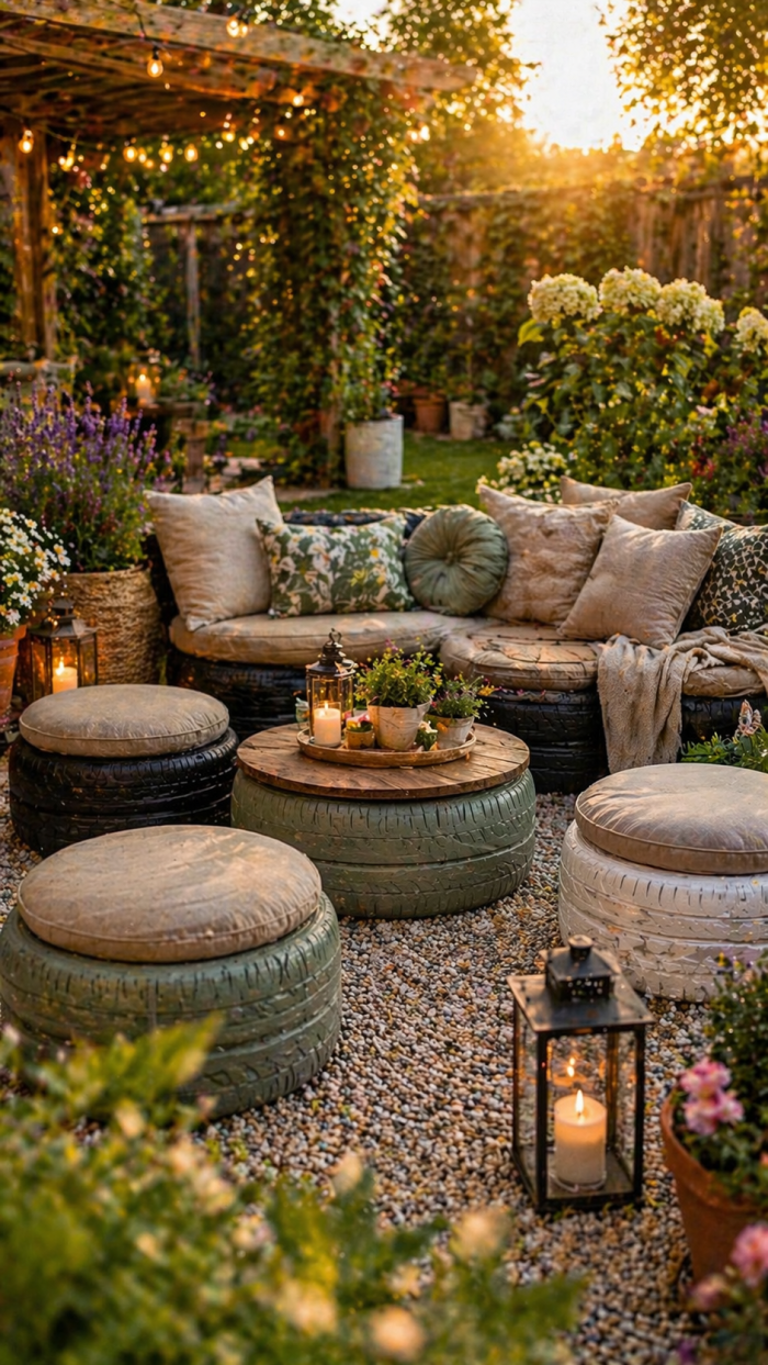 Platz 3 Autoreifen Garten als kreative Lounge Ecke