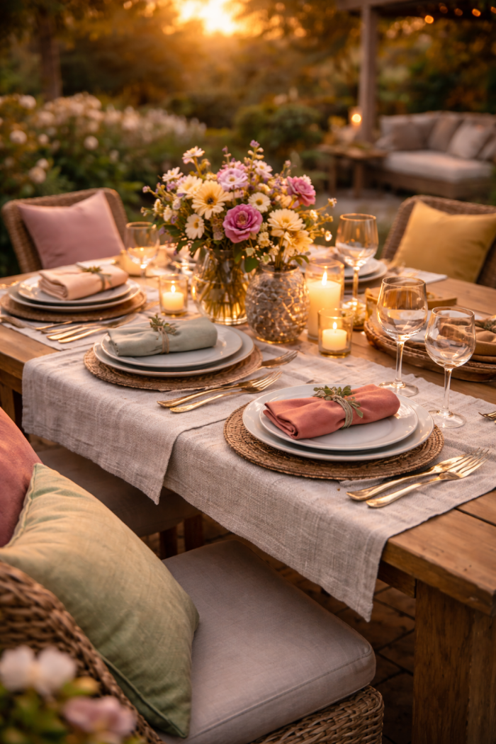 Platz 3 Gartentisch Deko mit Stoffen und Farben 