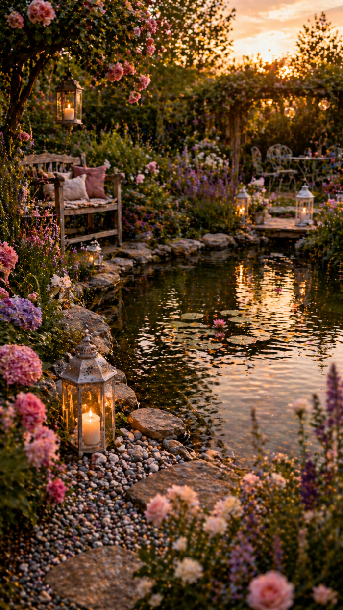 Platz 3 Romantisch teichrand gestalten mit Blumen und Deko