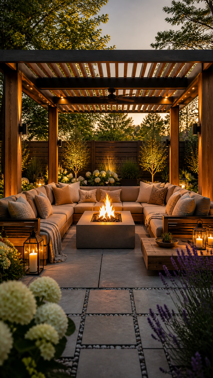 Platz 1 Der luxuriöse Lounge Stil Pergola mit Feuerstelle Ideen