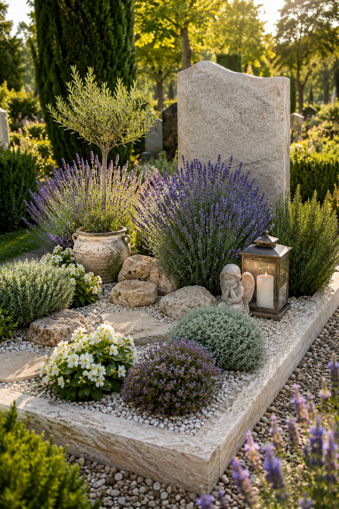 Platz 1 Mediterrane Grabgestaltung Sommer mit Lavendel und Naturstein