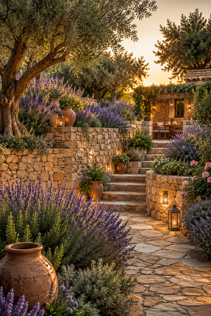 Platz 1 Mediterraner natursteinmauer garten mit Lavendel und Olivenbäumen
