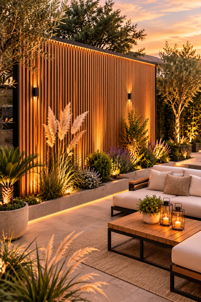Platz 1 Minimalistische Holzlamellen sichtschutzwand garten modern