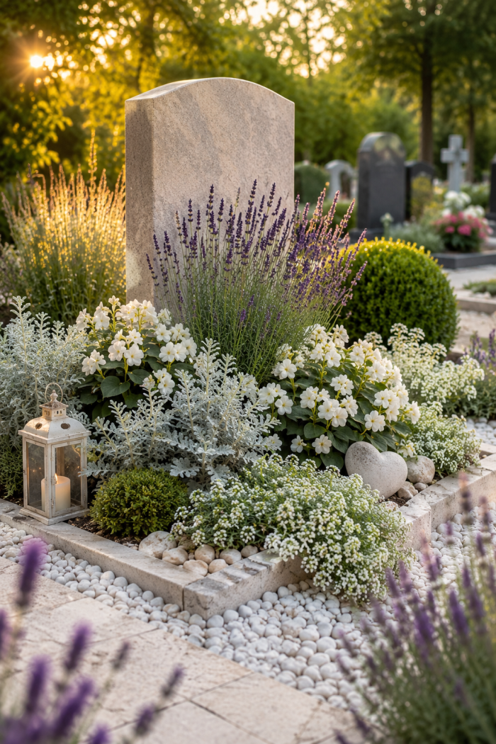 Platz 1 Romantische sommerbepflanzung friedhof mit Lavendel und weißen Blüten