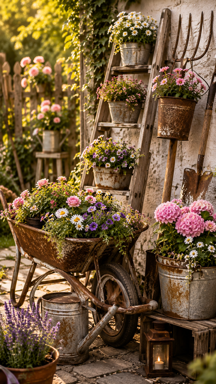 Platz 2 Alte Gartengeräte als Blumenhalter nutzen