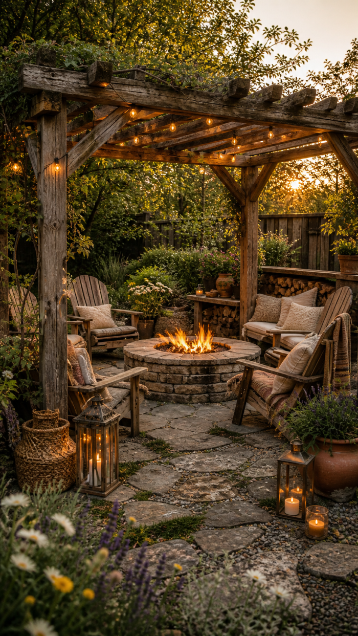 Platz 2 Die natürliche Holz Pergola mit rustikaler Feuerstelle