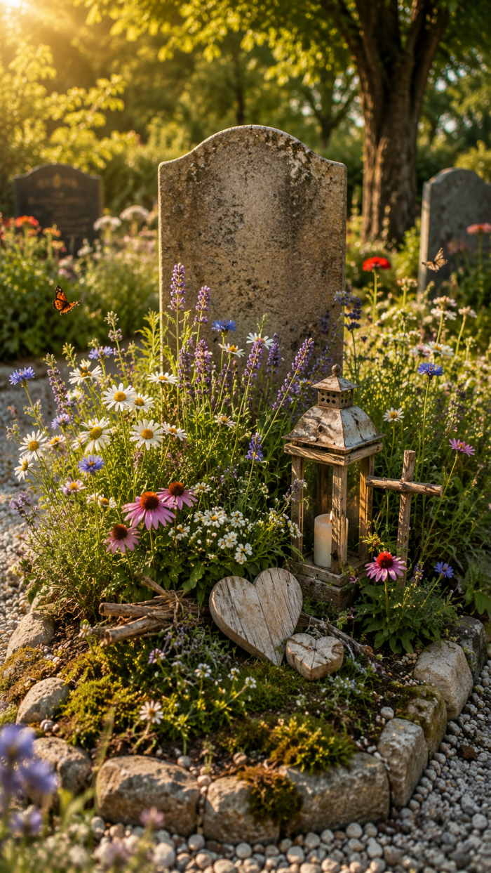 Platz 2 Naturnahe Grabgestaltung Sommer mit Wildblumen und Holzdeko