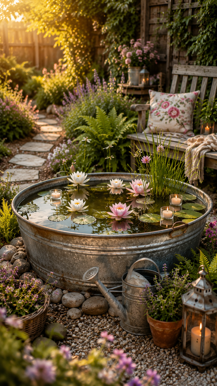 Platz 2 Zinkwanne dekorieren garten als Mini Teich