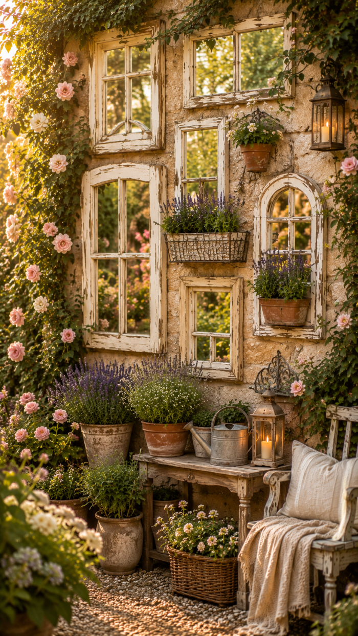Platz 3 Die kreative Gartenwand mit alten Fenstern