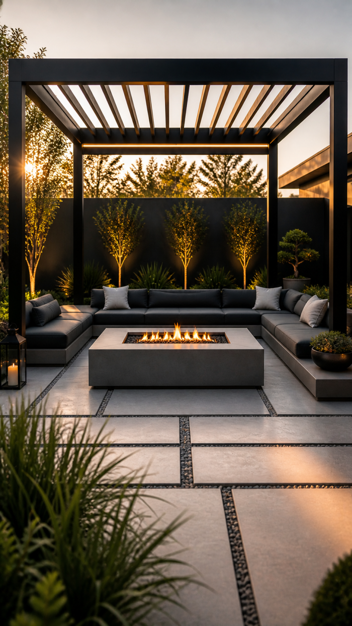 Platz 3 Moderne minimalistische Pergola mit integrierter Feuerstelle