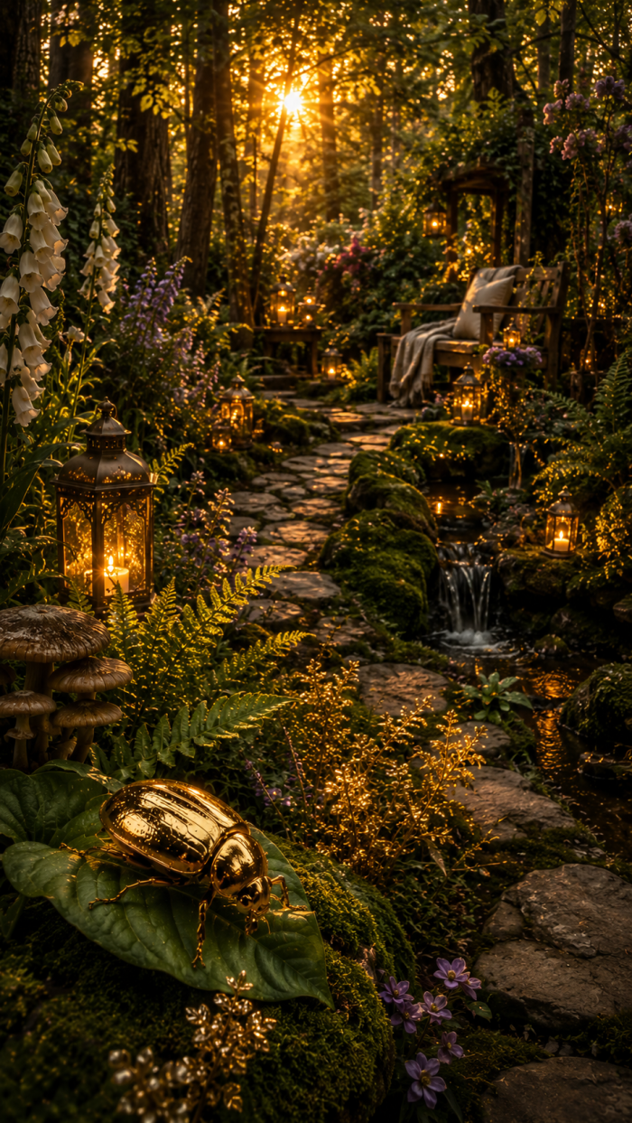 Platz 3 Mystische Waldgärten mit goldener käfer im garten Atmosphäre