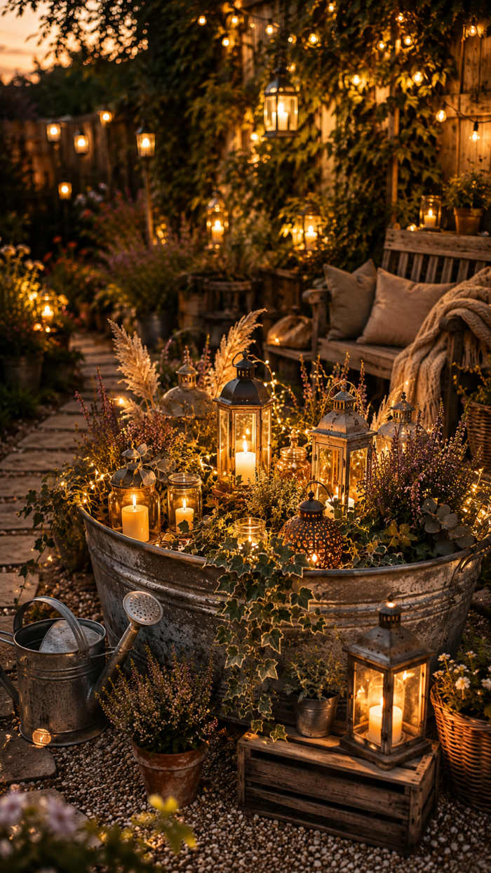 Platz 3 Rustikale Lichtdeko mit zinkwanne dekorieren garten