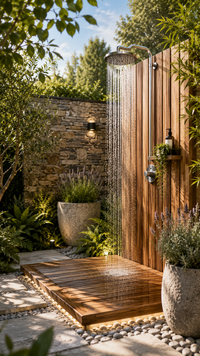 Platz 1 Moderne Gartendusche selber bauen mit Holz und Naturstein 🥇