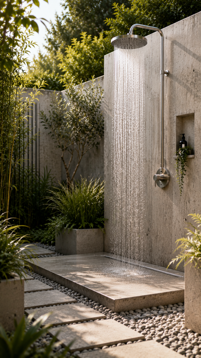 Platz 3 Minimalistische Gartendusche selber bauen mit Edelstahl und Beton 🥉