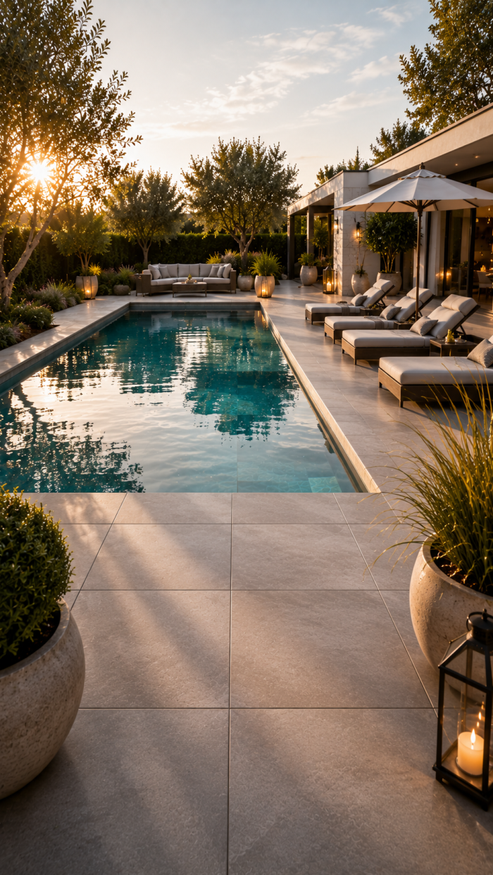 Platz 3 Moderne Keramikplatten für elegante Pool Umrandung Ideen