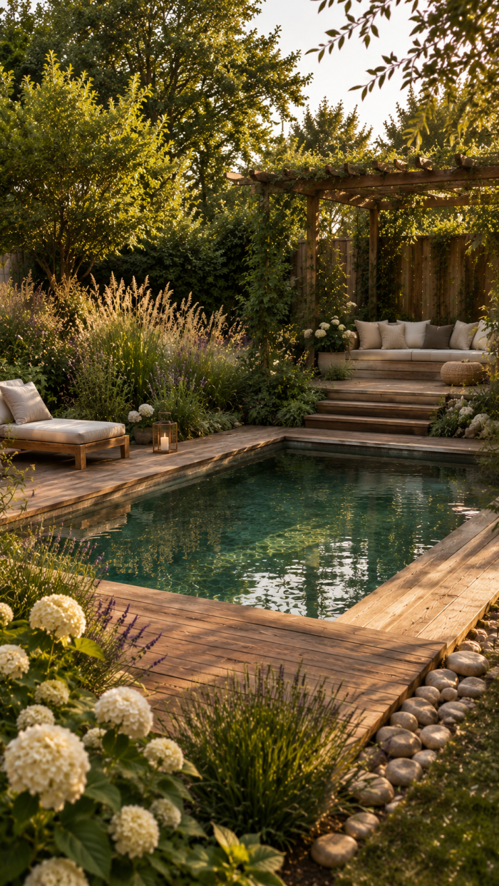 🥈 Platz 2 Das natürliche Badebecken Garten mit Pflanzen und Holz