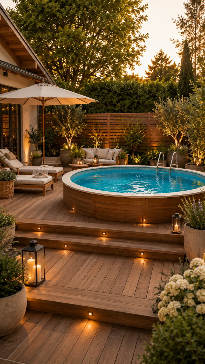 🥇 Platz 1 Elegante Aufstellpool Garten Ideen mit großzügiger Holzterrasse