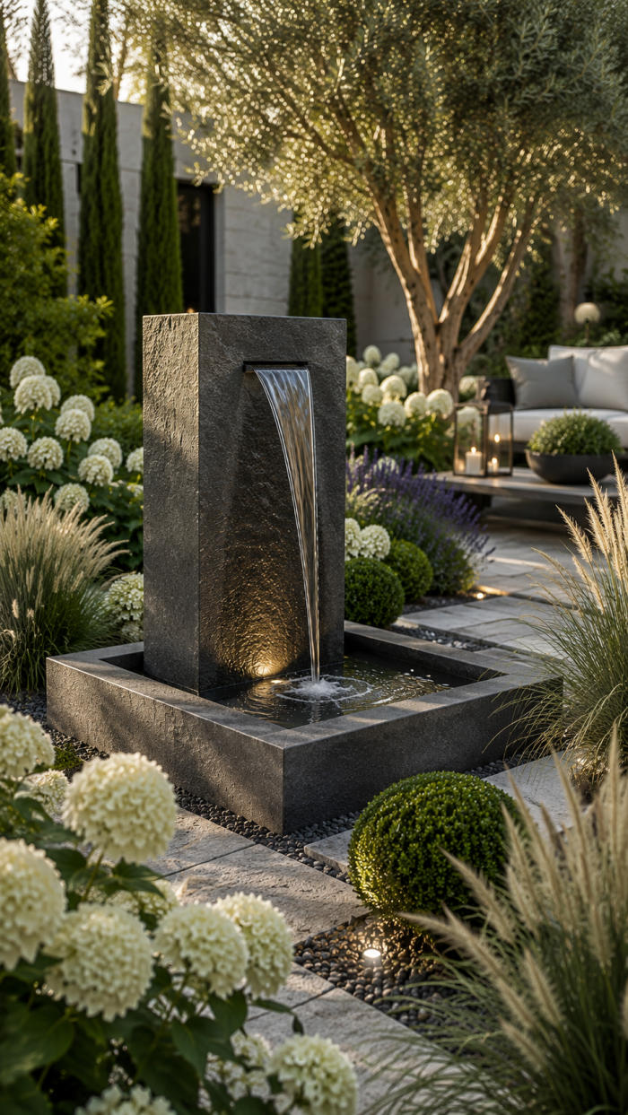 🥇 Platz 1 Moderner Natursteinbrunnen mit klaren Linien
