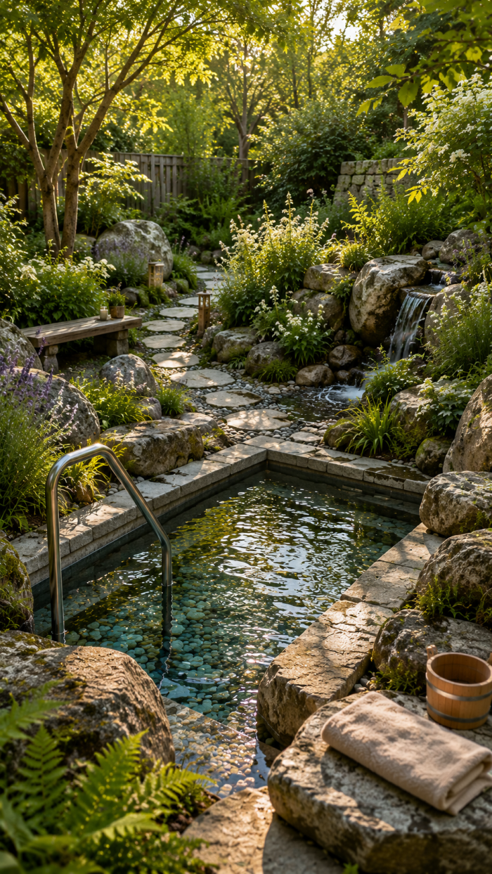 🥇 Platz 1 Naturnaher Kneippbecken Garten mit Steinlandschaft
