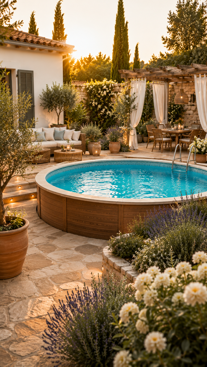 🥈 Platz 2 Mediterrane Aufstellpool Garten Ideen mit Naturstein und Urlaubsgefühl
