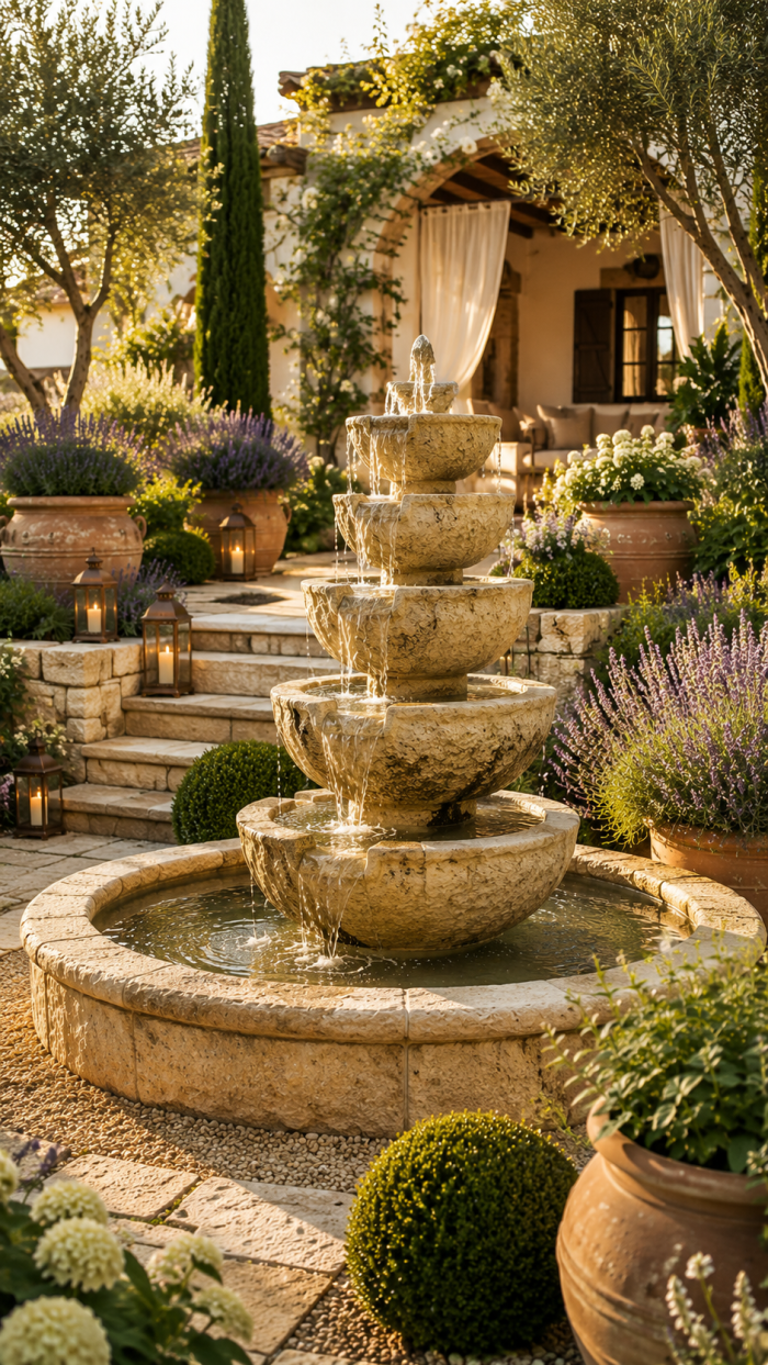 🥈 Platz 2 Mediterraner Deko Brunnen Garten Stein mit mehreren Wasserstufen