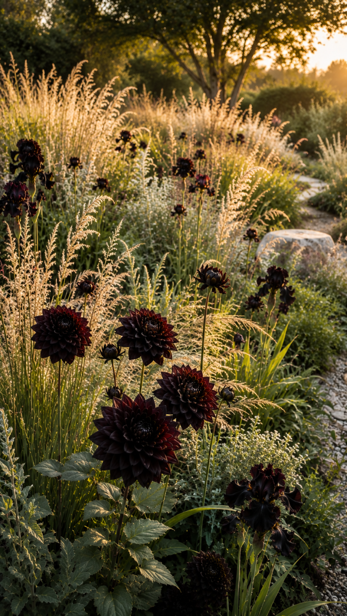 🥇 Platz 1 Der schwebende Black Flower Garten zwischen hellen Gräsern