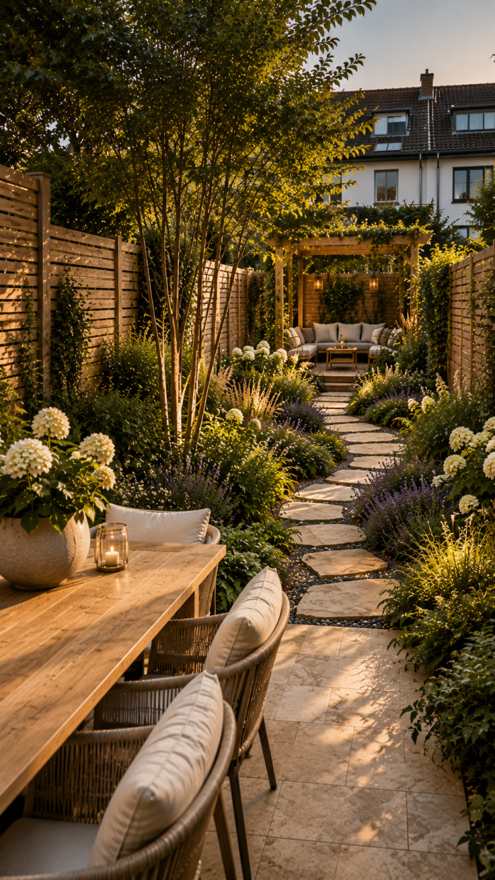 🥇 Platz 1 Reihenhaus Garten mit mehreren Gartenräumen und versetzten Blickachsen