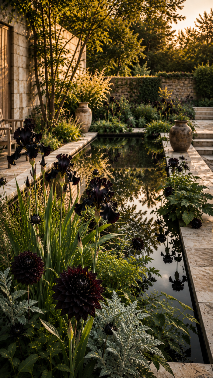 🥈 Platz 2 Der dramatische Black Flower Wassergarten mit Spiegelungen