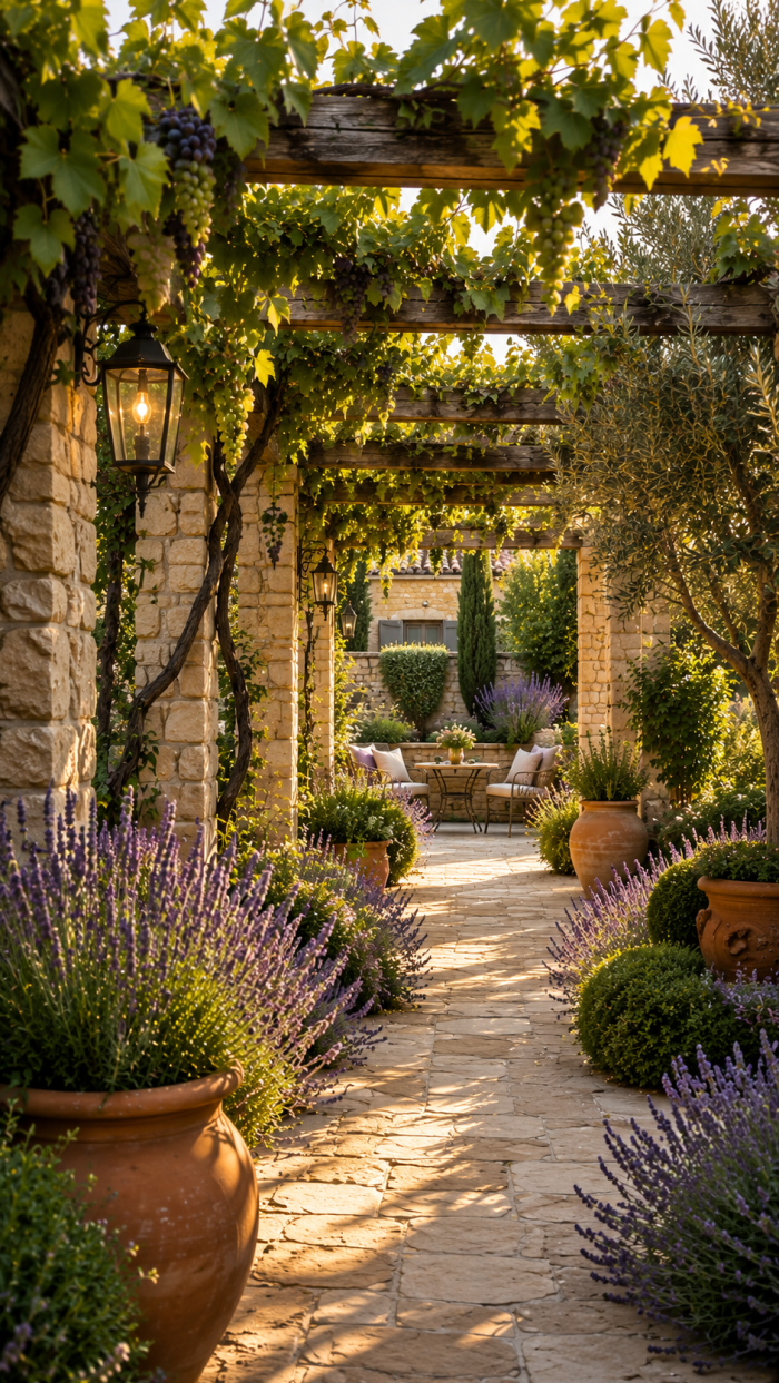 🥉 Platz 3 Mediterraner Laubengang Garten mit Weinreben und Lavendel