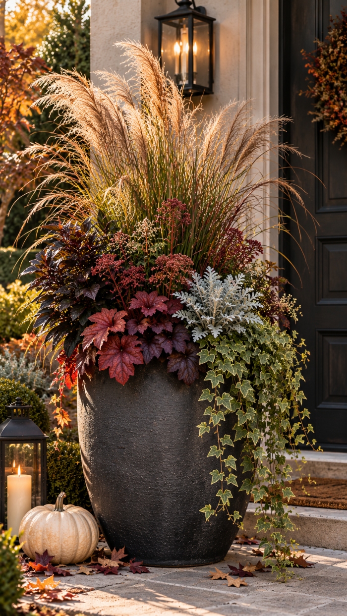 🥇 Platz 1 Architektonische Blumenkübel für den Herbst mit Gräsern und dunklem Laub