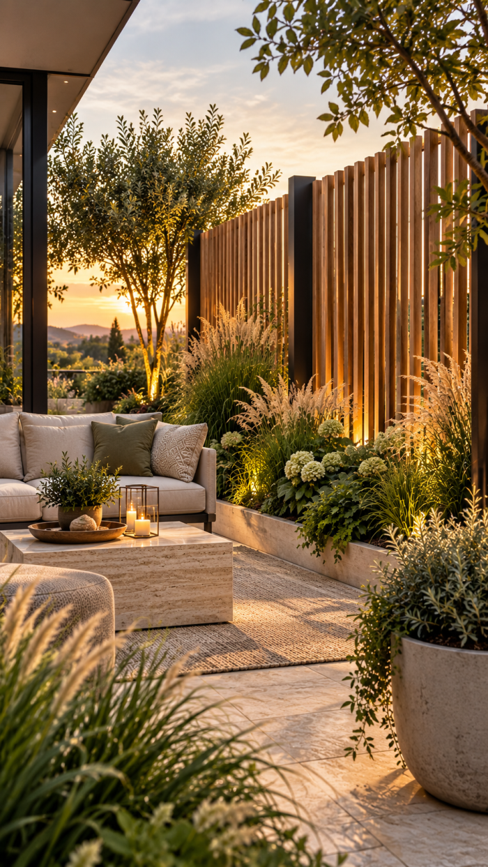 🥇 Platz 1 Moderner Sichtschutz Garten mit architektonischen Lamellen und weicher Bepflanzung