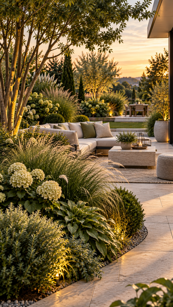 🥈 Platz 2 Moderner Sichtschutz Garten mit grünen Inseln statt klassischem Zaun