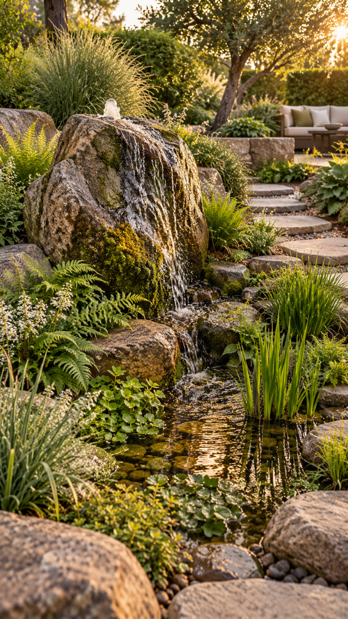 🥈 Platz 2 Quellstein Garten mit bepflanzter Wassersenke als lebendige Gartenszene