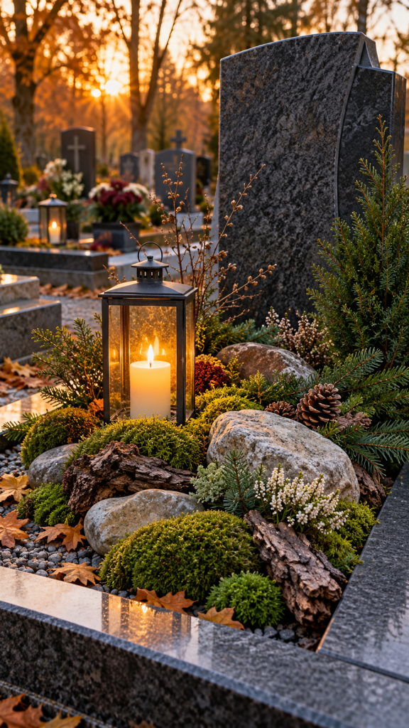 🥉 Platz 3 Grabschmuck Allerheiligen als stille Lichtinsel mit Stein Moos und natürlicher Laterne