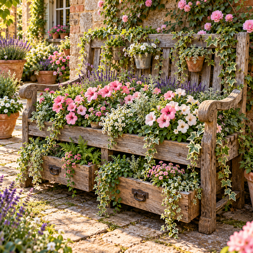 Alte Holzbank im Garten bepflanzen mit den 3 schönsten Ideen die aus vergessenen Gartenmöbeln echte Blütenträume machen