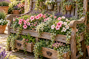 Alte Holzbank im Garten bepflanzen mit den 3 schönsten Ideen die aus vergessenen Gartenmöbeln echte Blütenträume machen