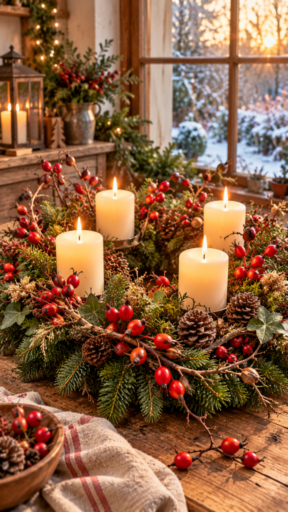 🥇 Platz 1 Adventskranz aus dem Garten selber machen mit romantischen Wildheckenzweigen und leuchtenden Hagebutten