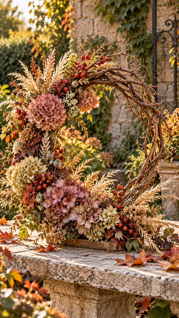 🥇 Platz 1 Allerheiligen Floristik mit Naturmaterialien aus dem Garten als schwebender Erinnerungsbogen aus Weinranken und Hortensien
