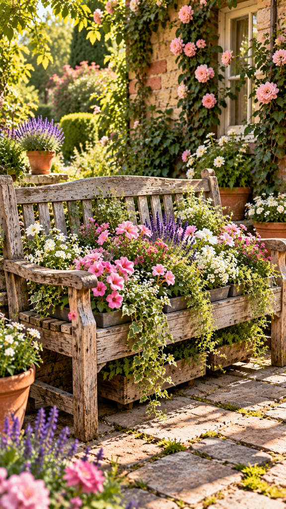 🥇 Platz 1 Alte Holzbank im Garten bepflanzen mit herausnehmbaren Blütenkassetten und nostalgischer Gartenromantik
