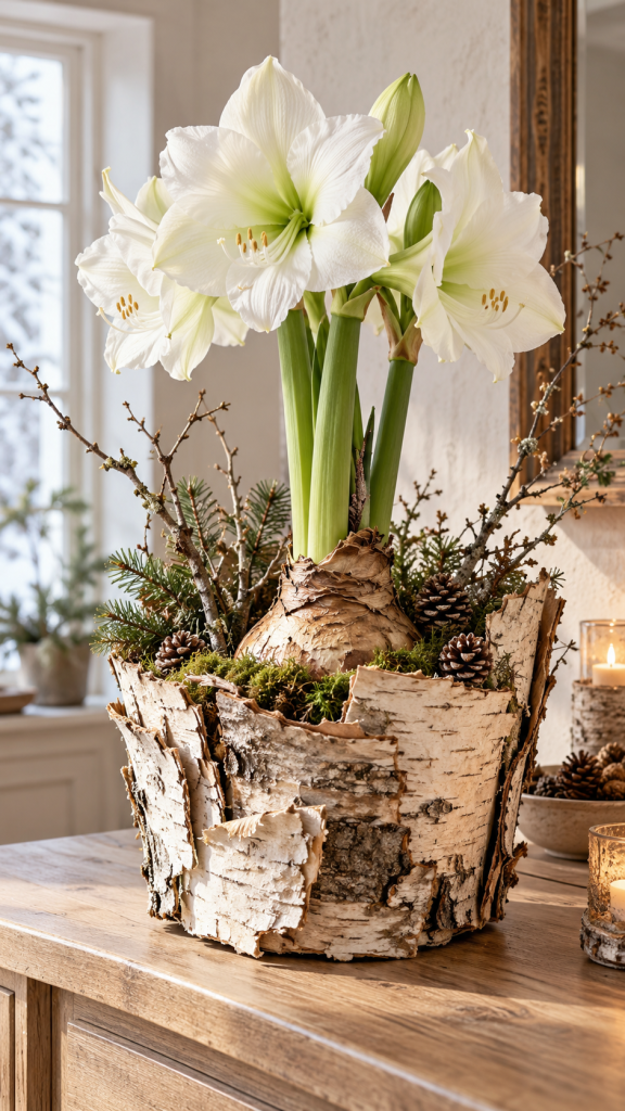 🥇 Platz 1 Amaryllis Zwiebel dekorieren mit natürlicher Birkenrinde und rustikaler Winterwald Eleganz