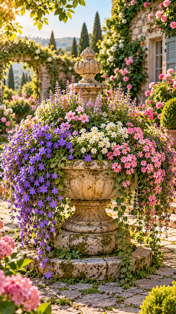 🥇 Platz 1 Brunnen im Garten bepflanzen als romantischen Blütenbrunnen mit überhängenden Pflanzenkaskaden