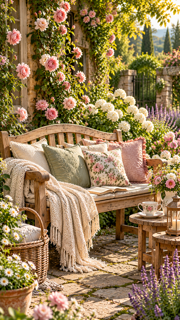 🥇 Platz 1 Gartenbank dekorieren im romantischen Cottage Stil mit weichen Kissen und nostalgischem Charme